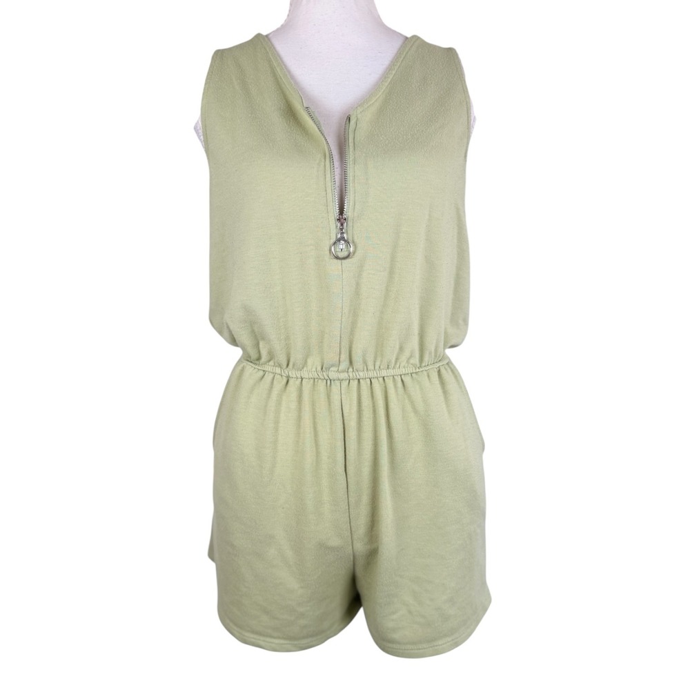 Ambiance Romper Womens M Sage Green Half Zip Sleeveless Elastic Waist Pockets
